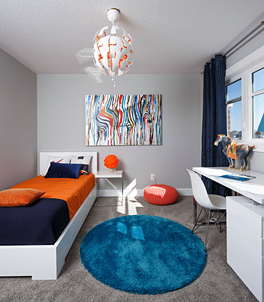 Design ideas for a contemporary teen’s room for boys in Ottawa with grey walls and carpet.