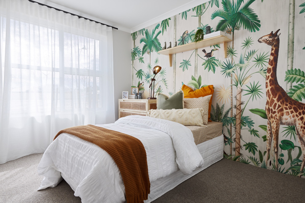 Inspiration for a medium sized beach style gender neutral toddler’s room in Perth with multi-coloured walls, carpet, grey floors and wallpapered walls.