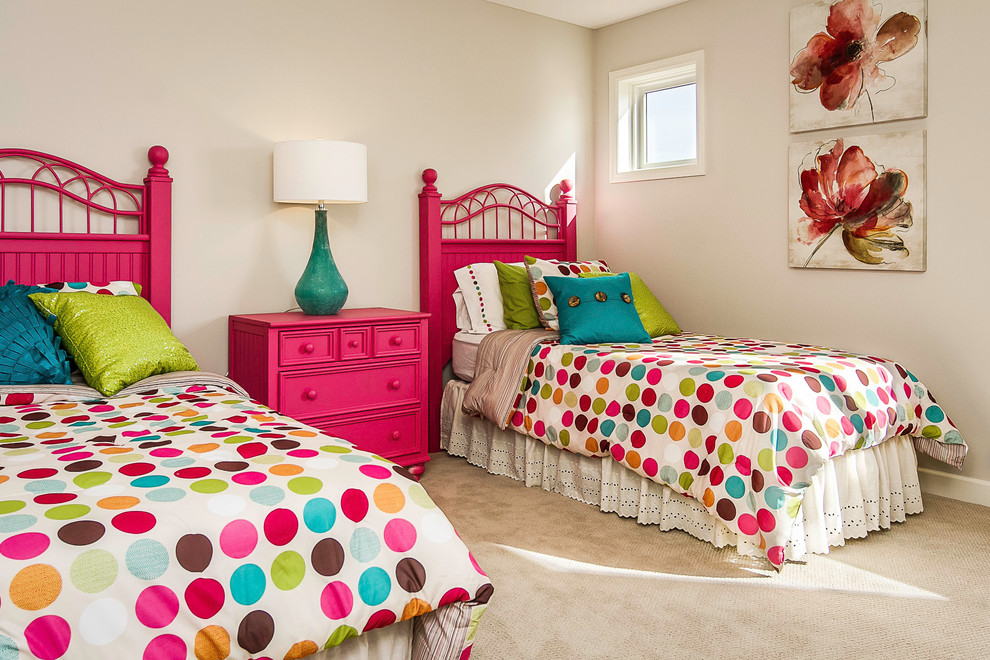 This is an example of a medium sized traditional children’s room for girls in Minneapolis with grey walls and carpet.