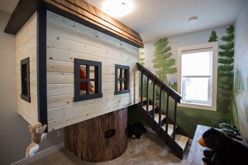 Immagine di una piccola cameretta per bambini da 4 a 10 anni country con pareti marroni, moquette e pavimento grigio