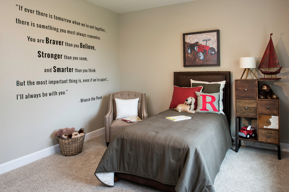 This is an example of a rustic children’s room for boys in DC Metro with grey walls, carpet and beige floors.