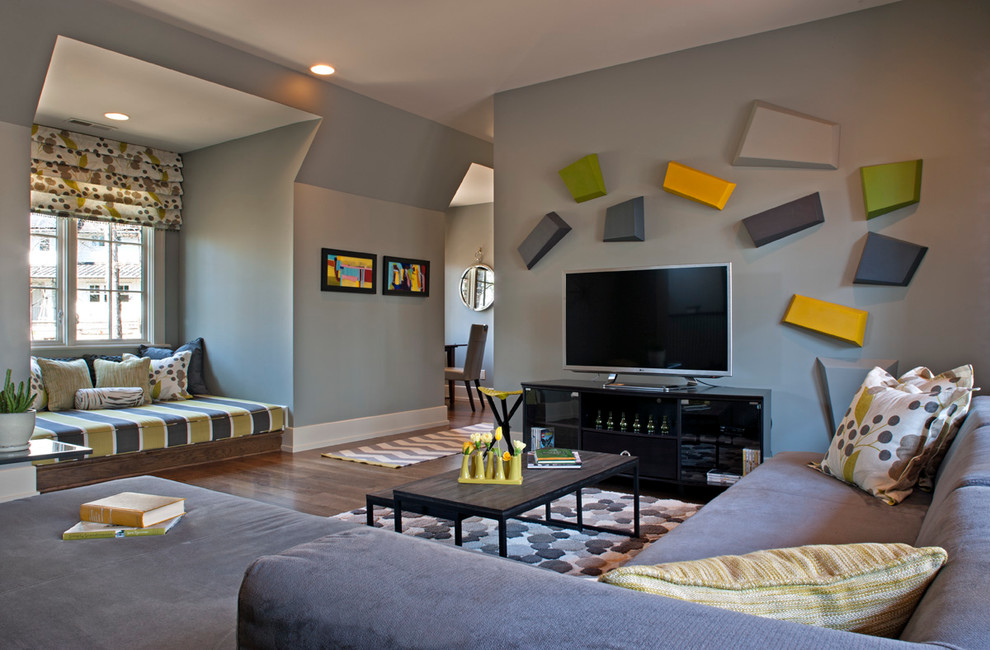 Imagen de dormitorio infantil contemporáneo de tamaño medio con paredes grises y suelo de madera en tonos medios