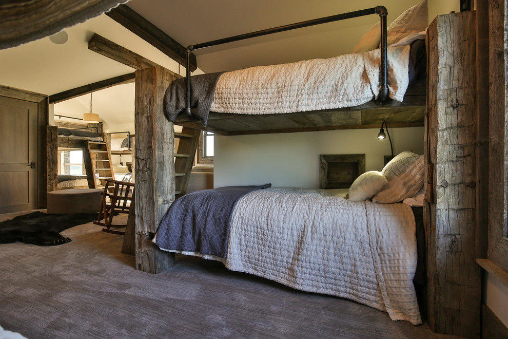 Design ideas for a large rustic gender neutral kids' bedroom in Other with carpet.