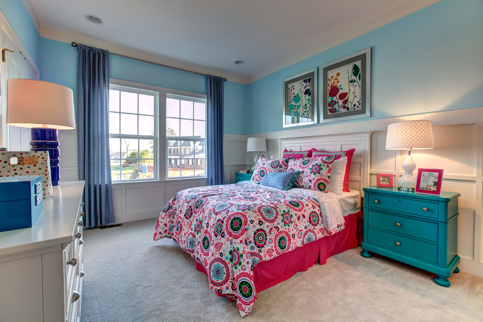 Design ideas for a classic teen’s room for girls in DC Metro with blue walls, carpet and beige floors.