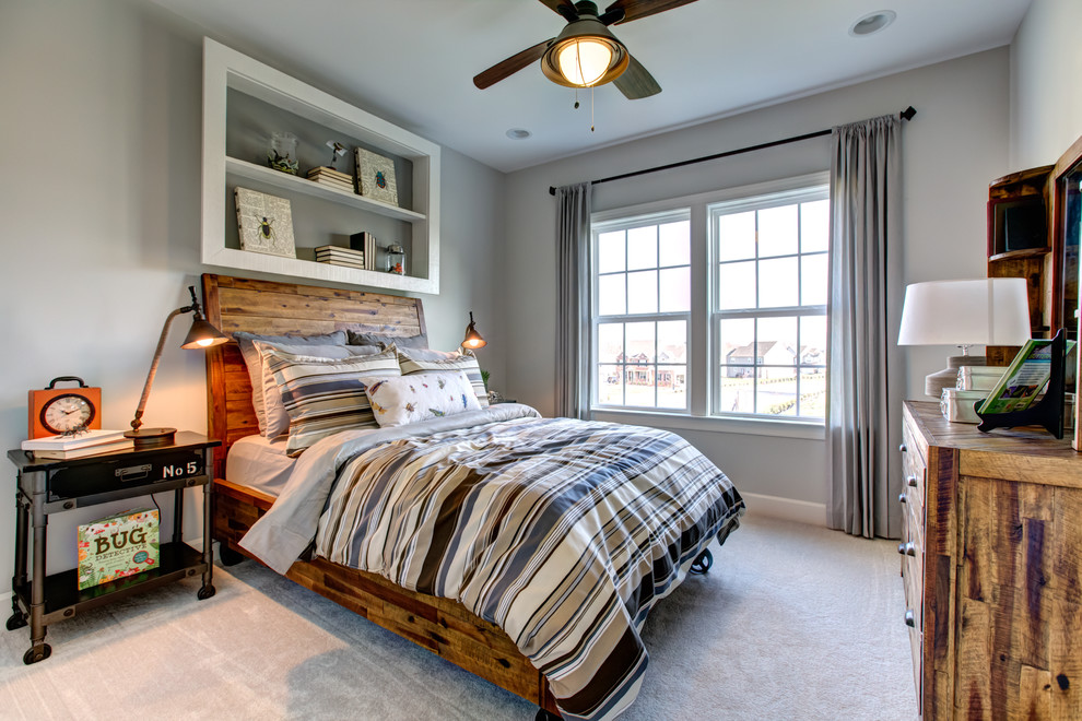 Rustic teen’s room for boys in DC Metro with grey walls, carpet and beige floors.