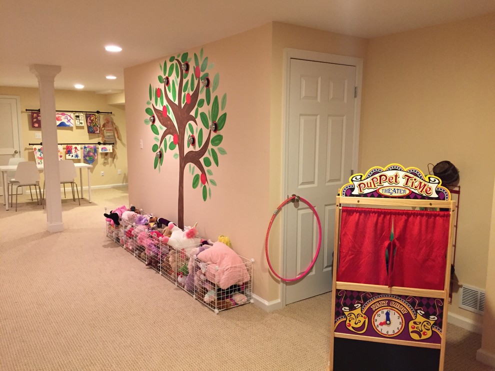 Example of a mid-sized transitional gender-neutral carpeted and beige floor kids' room design in New York with beige walls