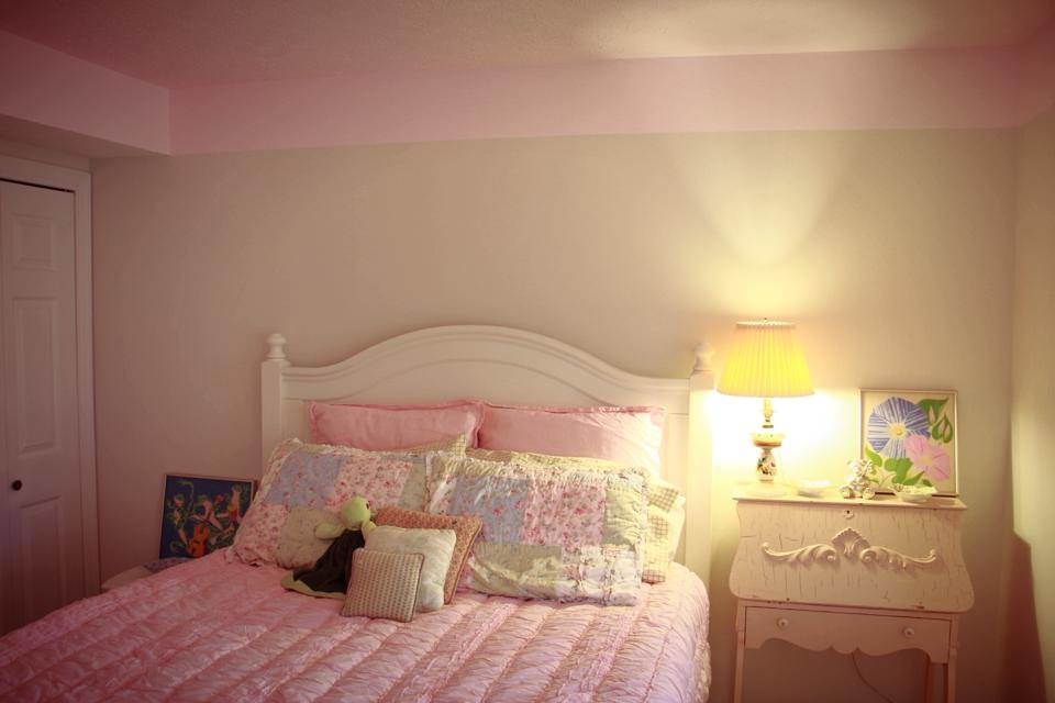 Пример оригинального дизайна: маленькая детская в классическом стиле с спальным местом, розовыми стенами и ковровым покрытием для на участке и в саду, ребенка от 4 до 10 лет, девочки