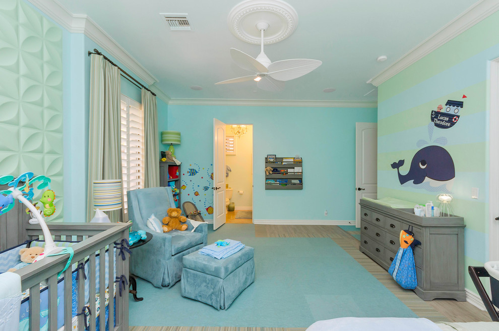 Idéer för att renovera ett mycket stort vintage pojkrum kombinerat med sovrum, med blå väggar