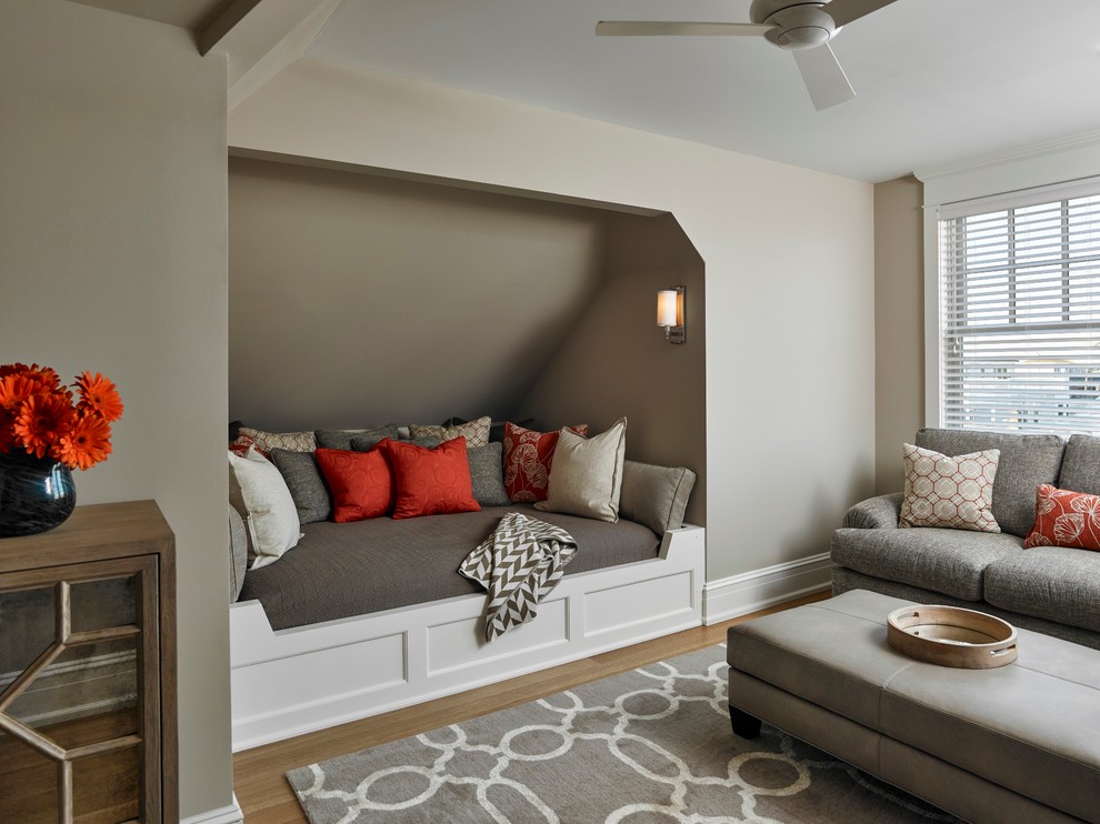 Inspiration for a coastal gender-neutral medium tone wood floor kids' room remodel in Philadelphia with beige walls