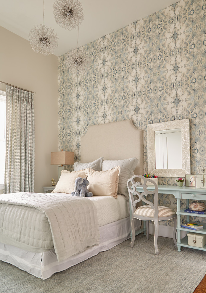 Design ideas for a classic children’s room for girls in Boston with multi-coloured walls, medium hardwood flooring, brown floors and a feature wall.