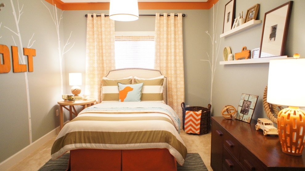 Design ideas for a contemporary kids' room for boys in Austin with carpet and grey walls.