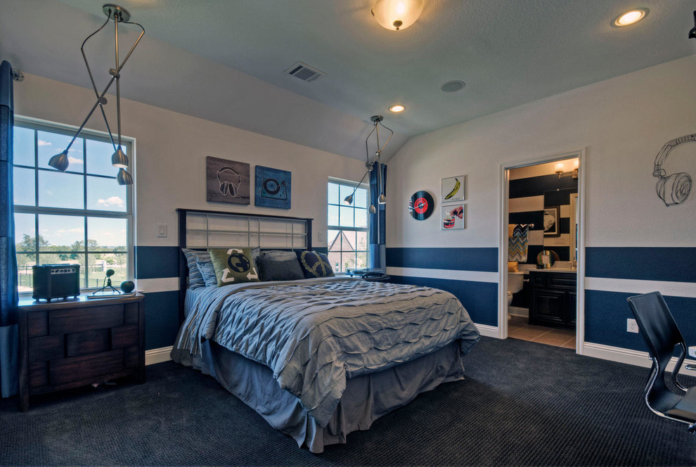 Design ideas for a medium sized contemporary teen’s room for boys in Dallas with carpet and multi-coloured walls.