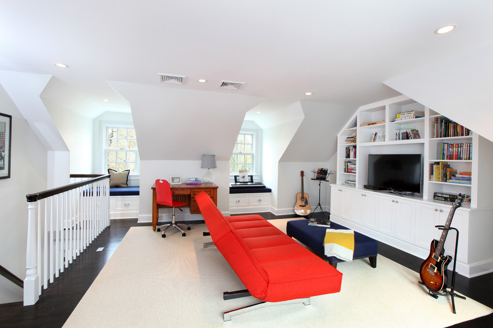 Medium sized classic kids' bedroom for boys in Other with white walls and dark hardwood flooring.