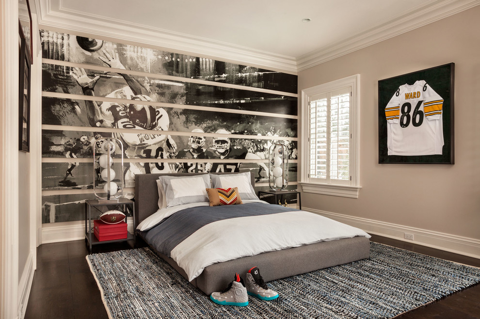 Mid-sized elegant boy dark wood floor kids' room photo in New York with multicolored walls