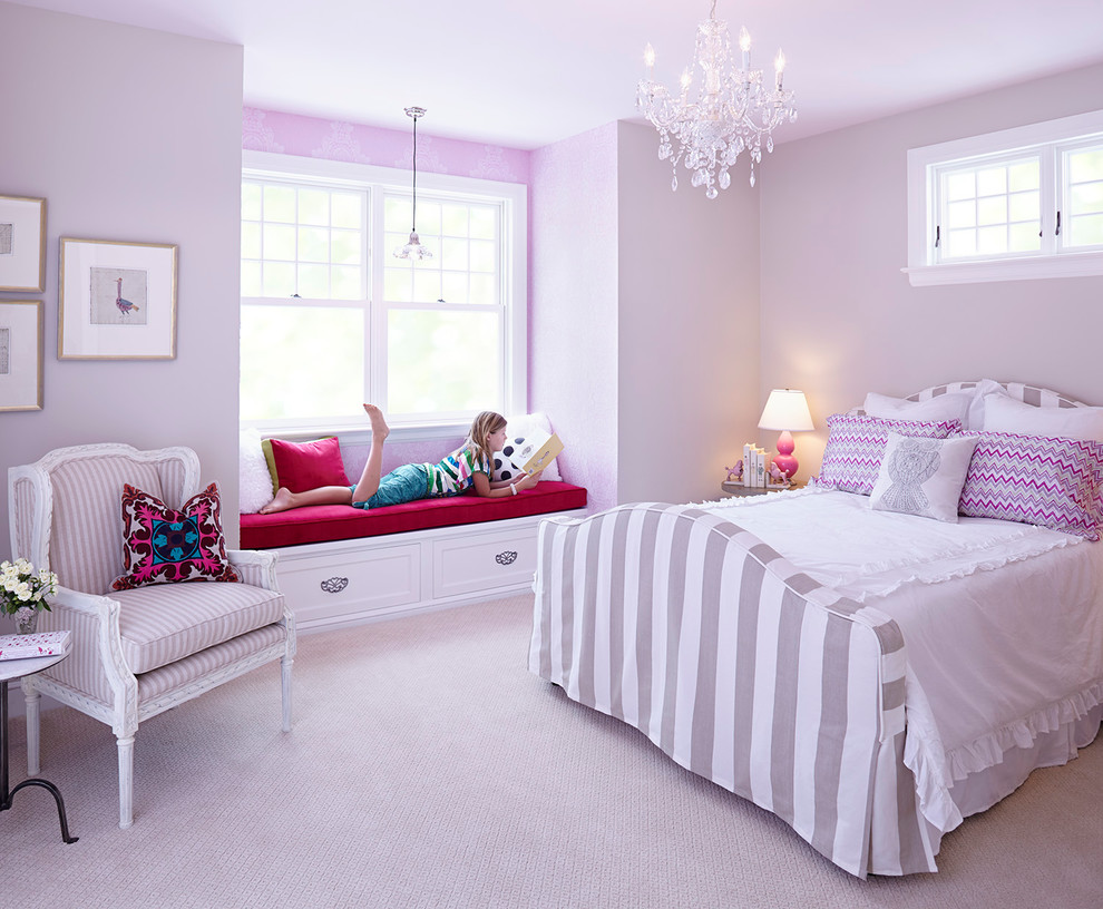 Kids' room - large traditional girl carpeted kids' room idea in Minneapolis with purple walls