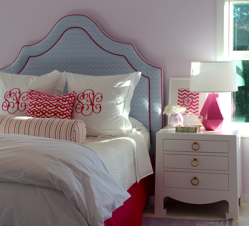 Mid-sized elegant girl carpeted kids' room photo in San Francisco with purple walls