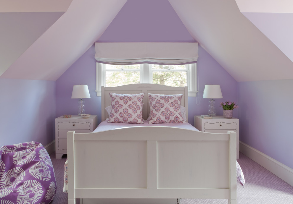 Inspiration for a classic kids' bedroom in Boston with purple walls.