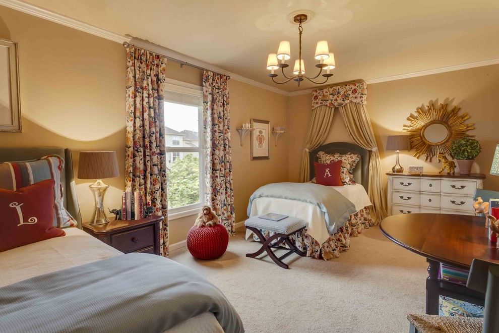 Photo of a traditional children’s room for girls in Kansas City with carpet and orange walls.