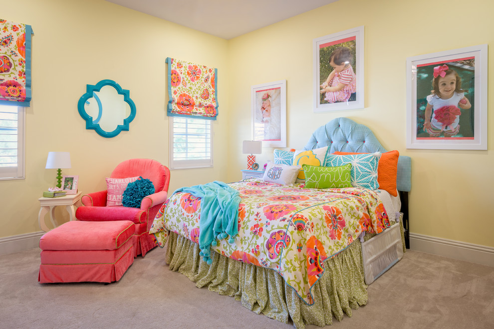 Kids' room - mid-sized traditional girl carpeted and beige floor kids' room idea in Tampa with yellow walls