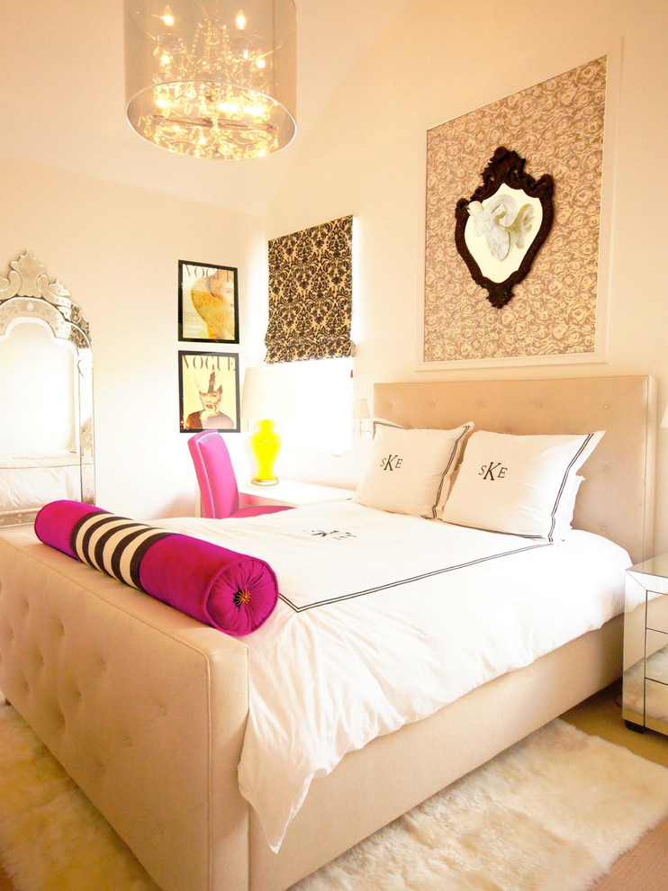 Example of a mid-sized transitional girl carpeted and beige floor kids' room design in Austin with beige walls