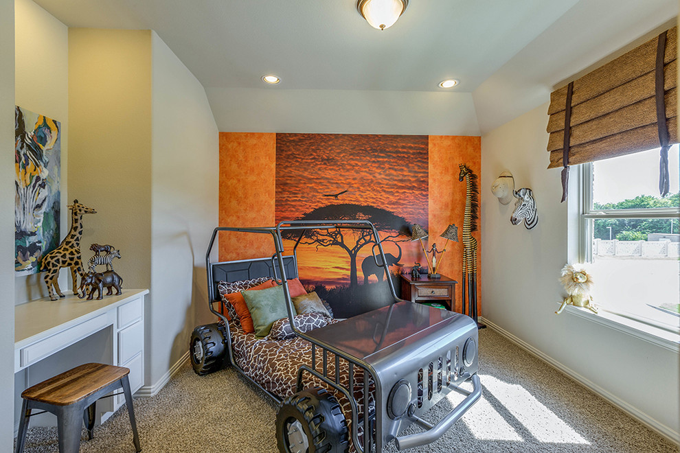 Mid-sized transitional gender-neutral carpeted kids' room photo in Dallas with beige walls
