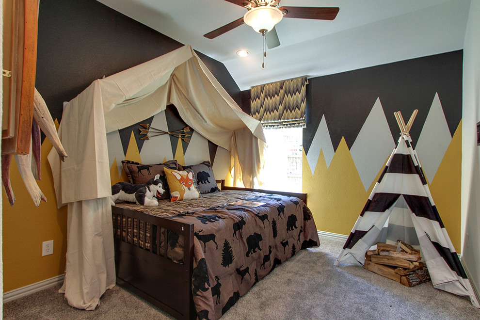 Пример оригинального дизайна: детская в стиле неоклассика (современная классика) с спальным местом, разноцветными стенами и ковровым покрытием для ребенка от 4 до 10 лет, мальчика