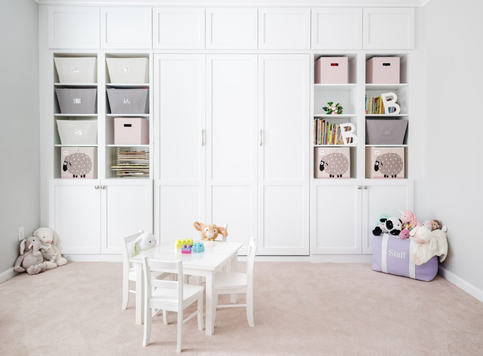 Kids' room - large transitional girl carpeted and beige floor kids' room idea in Charlotte with purple walls