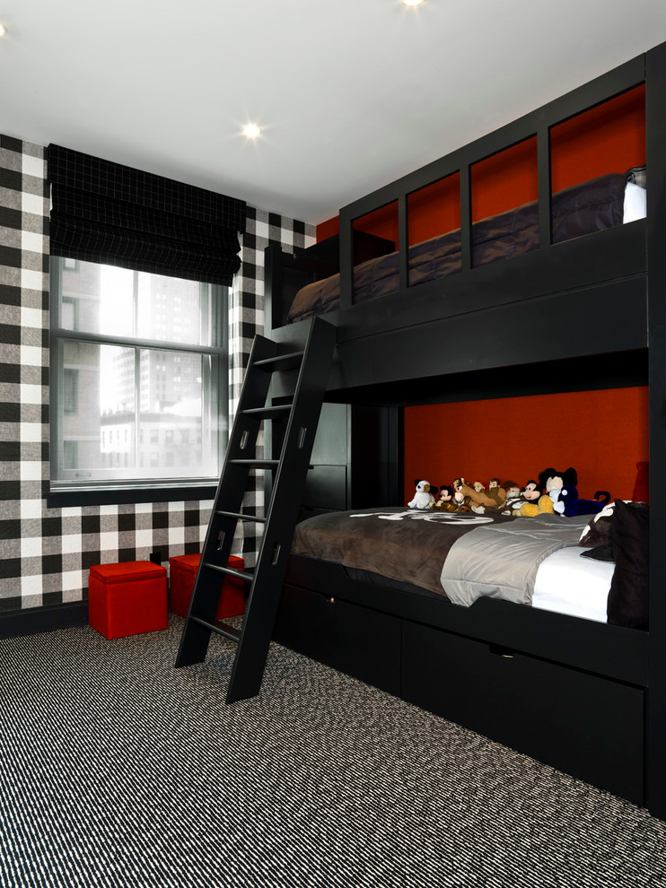 Kids' room - contemporary gender-neutral carpeted kids' room idea in New York with multicolored walls