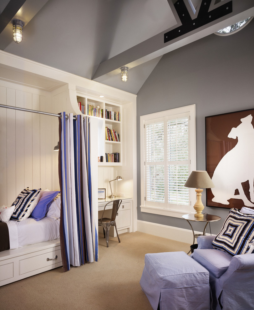 Medium sized rural gender neutral kids' bedroom in Houston with grey walls and carpet.