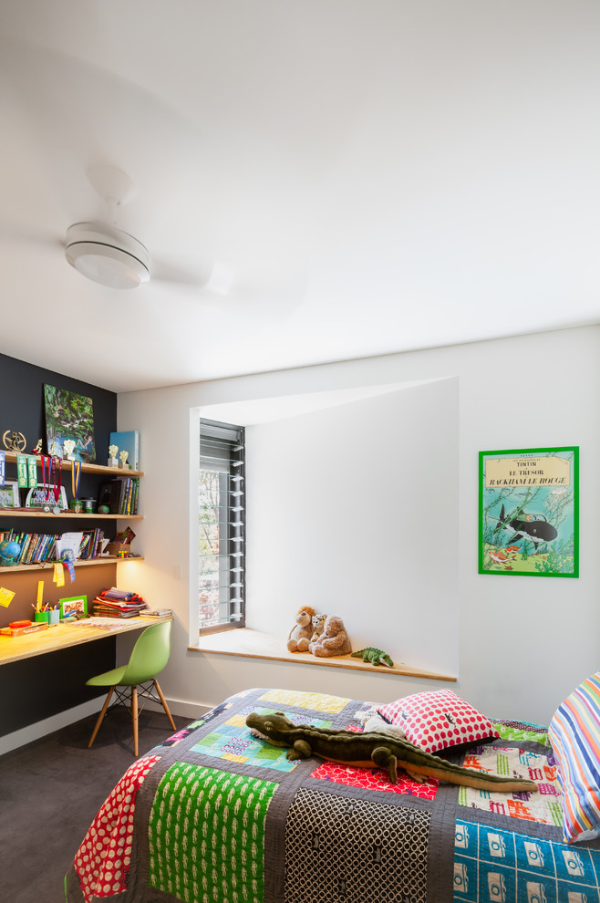 Contemporary gender neutral kids' bedroom in Melbourne with white walls and carpet.