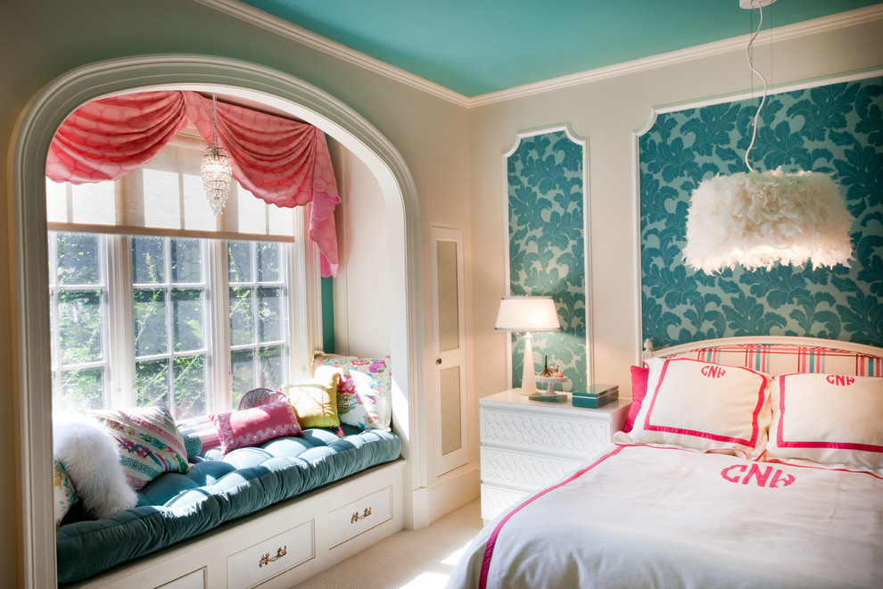 Inspiration for a mid-sized timeless girl carpeted and beige floor kids' room remodel in DC Metro with multicolored walls