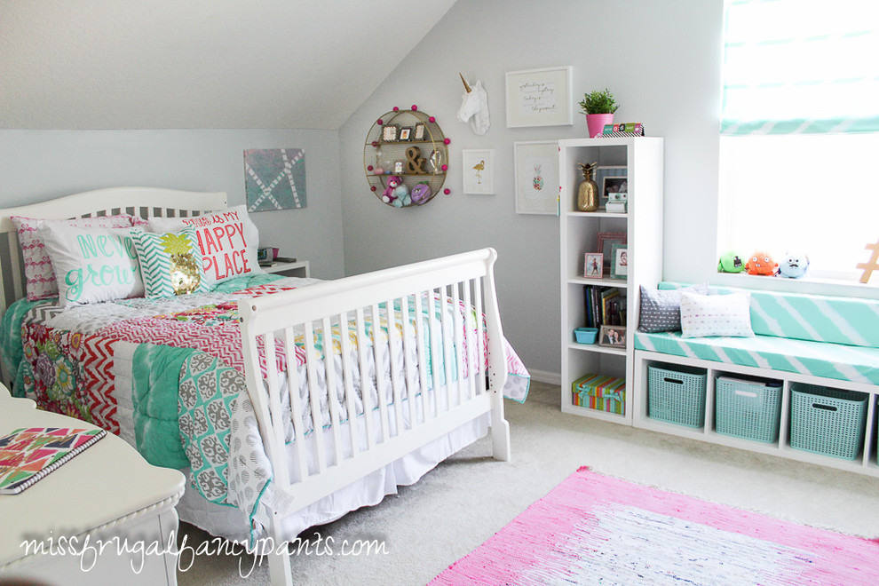 Inspiration for a medium sized contemporary teen’s room for girls in Tampa with grey walls and carpet.