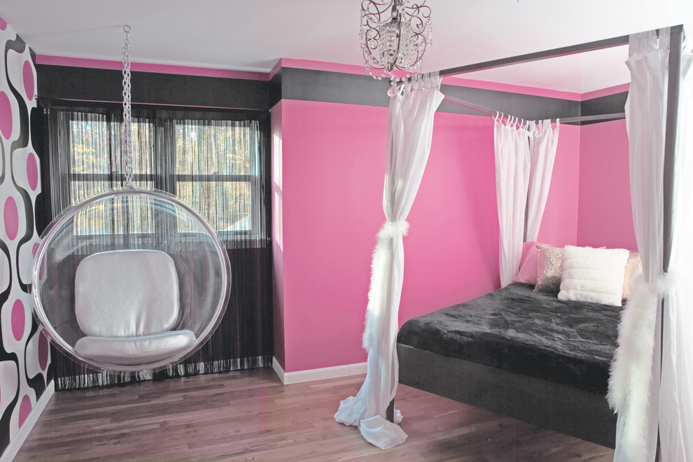 Kids' room - contemporary girl kids' room idea in New York with multicolored walls
