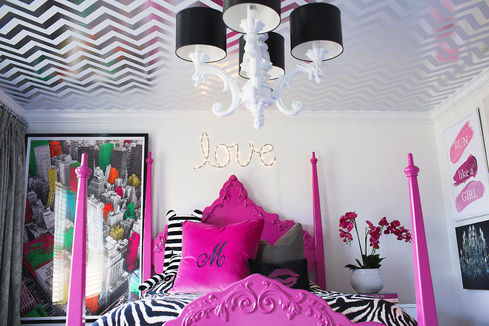Inspiration for a mid-sized eclectic girl carpeted kids' room remodel in New York with white walls
