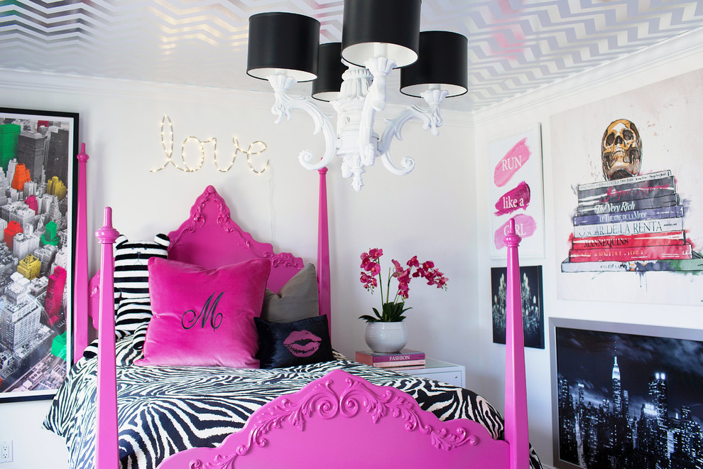 Design ideas for a medium sized eclectic teen’s room for girls in New York with white walls and carpet.