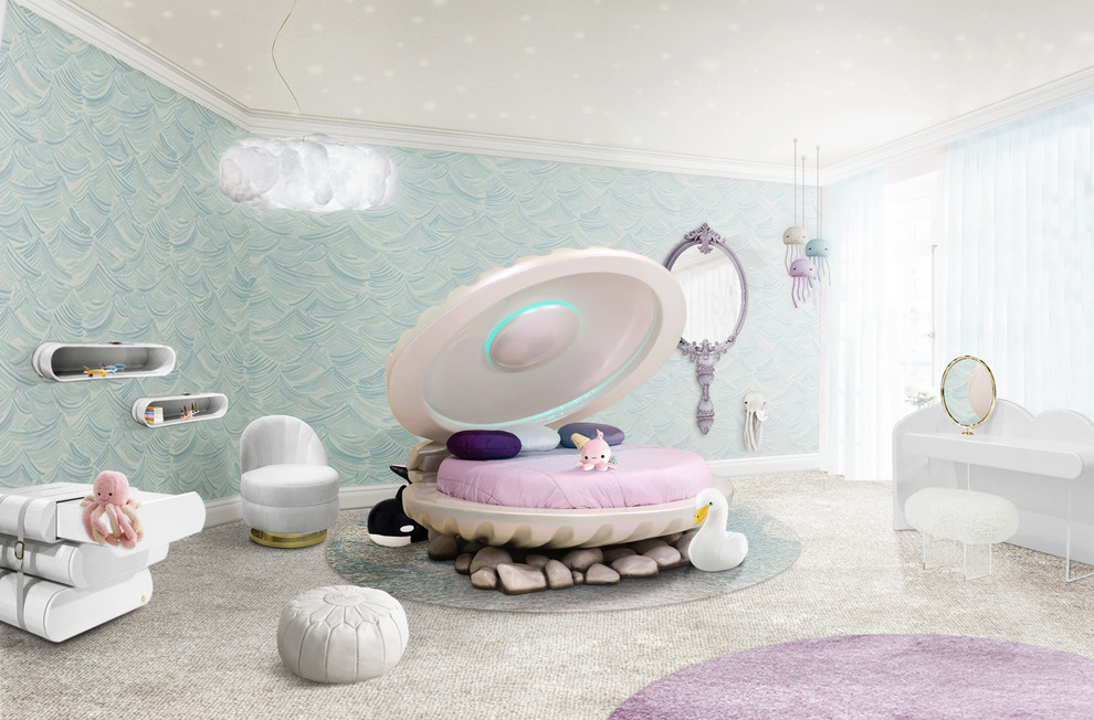 На фото: большая детская в морском стиле с спальным местом, зелеными стенами, ковровым покрытием и разноцветным полом для ребенка от 4 до 10 лет, девочки
