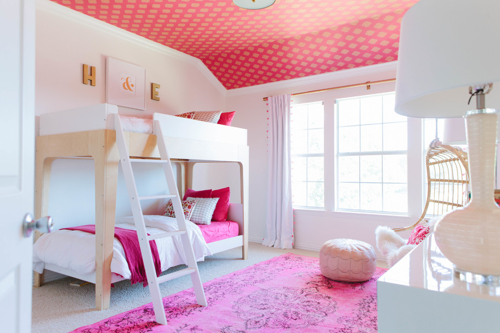 Photo of a medium sized classic children’s room for girls in Dallas with white walls, carpet and beige floors.