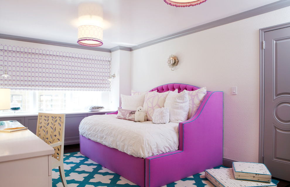 Transitional girl kids' room photo in New York with white walls