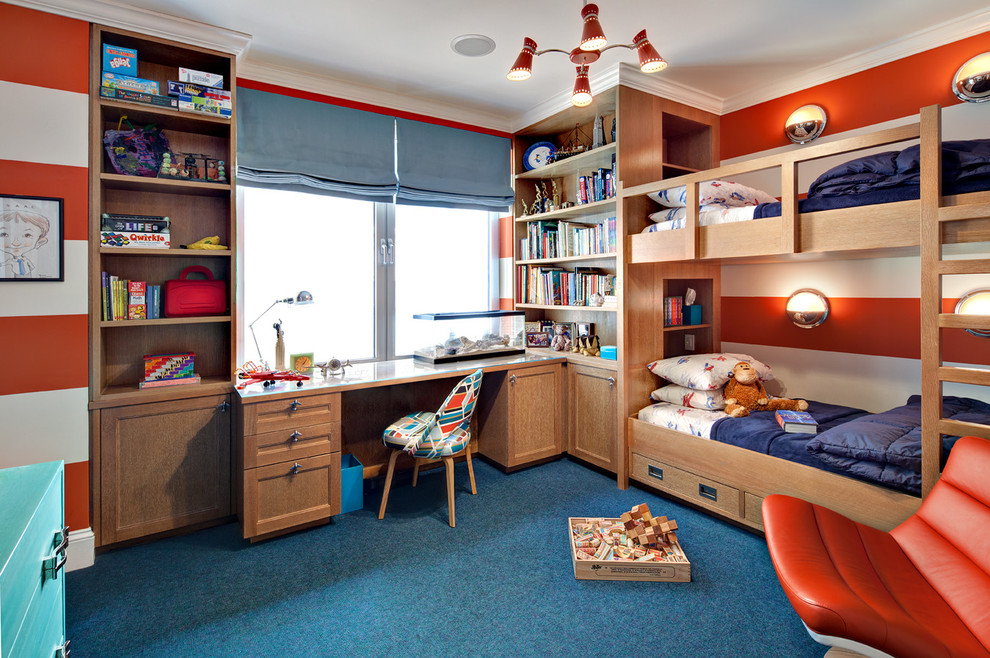 Contemporary children’s room for boys in New York with carpet, blue floors and multi-coloured walls.