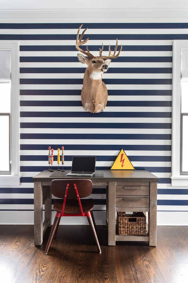 Inspiration for a large rural kids' study space for boys in New York with multi-coloured walls, dark hardwood flooring and brown floors.