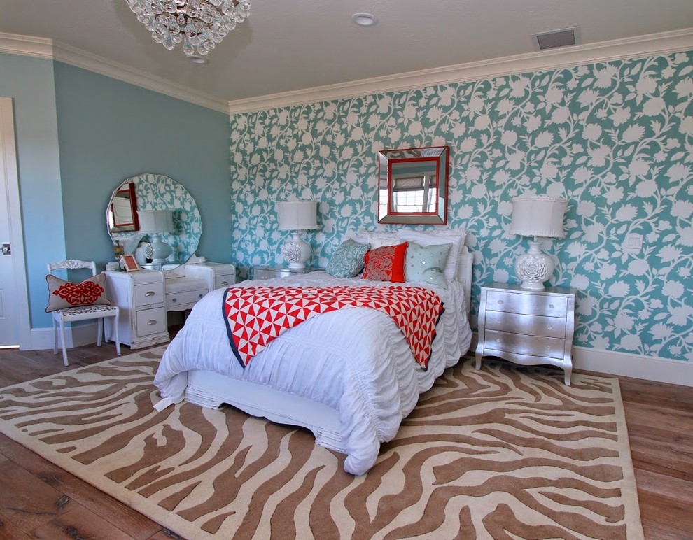 Kids' room - large country girl light wood floor kids' room idea in Salt Lake City with multicolored walls