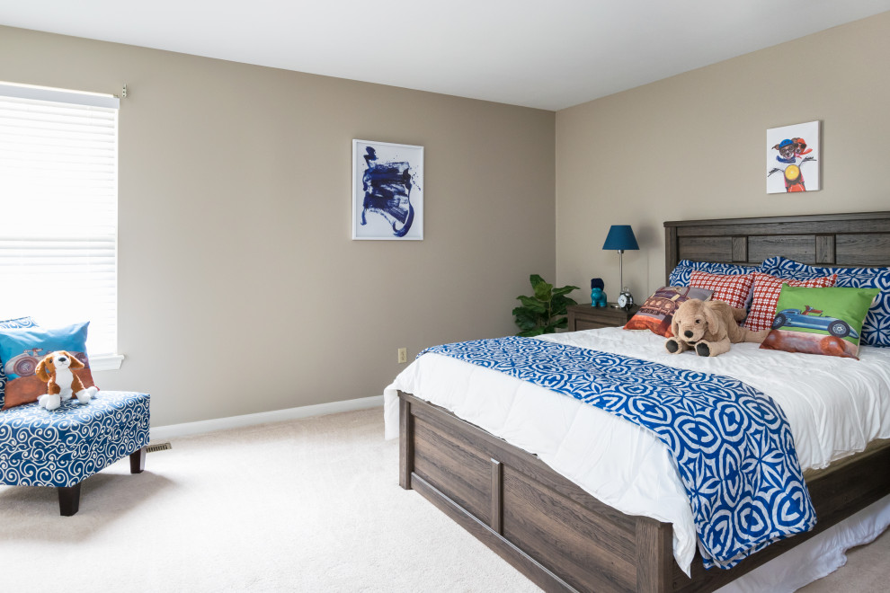 Photo of a large classic children’s room for boys in St Louis with brown walls, carpet and white floors.
