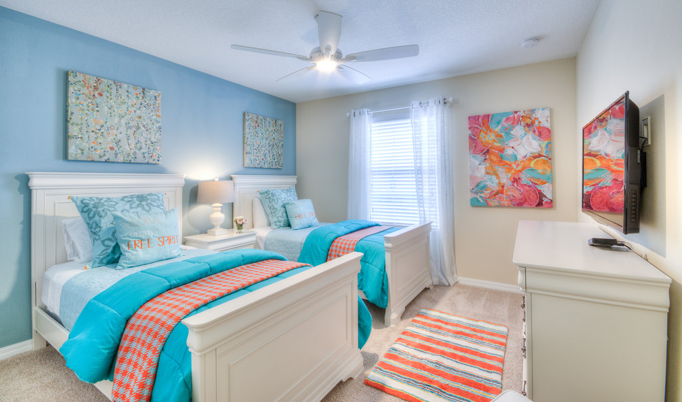 Mid-sized elegant gender-neutral carpeted and beige floor kids' room photo in Orlando with white walls