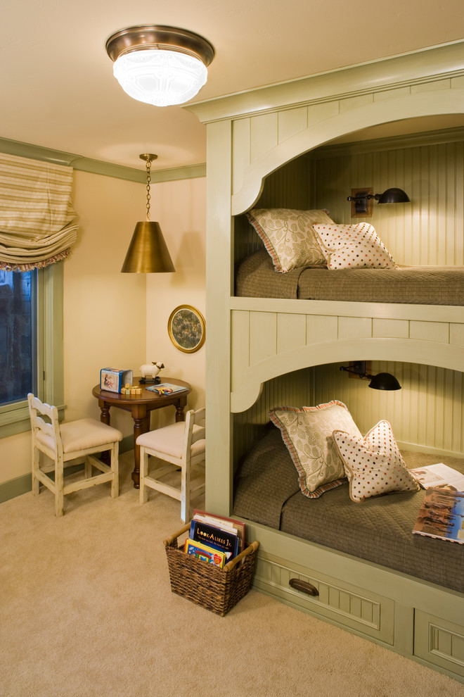 Mid-sized elegant gender-neutral carpeted kids' room photo in Other with beige walls