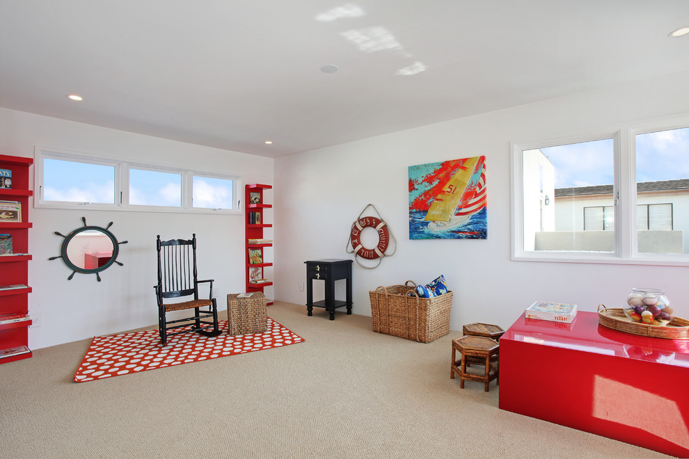 Design ideas for a world-inspired kids' bedroom in Orange County with white walls.