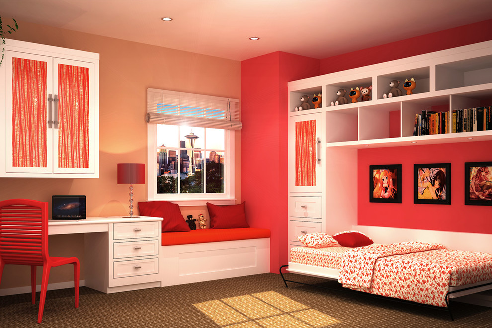 Foto di una grande cameretta da letto con pareti rosse, moquette e pavimento marrone