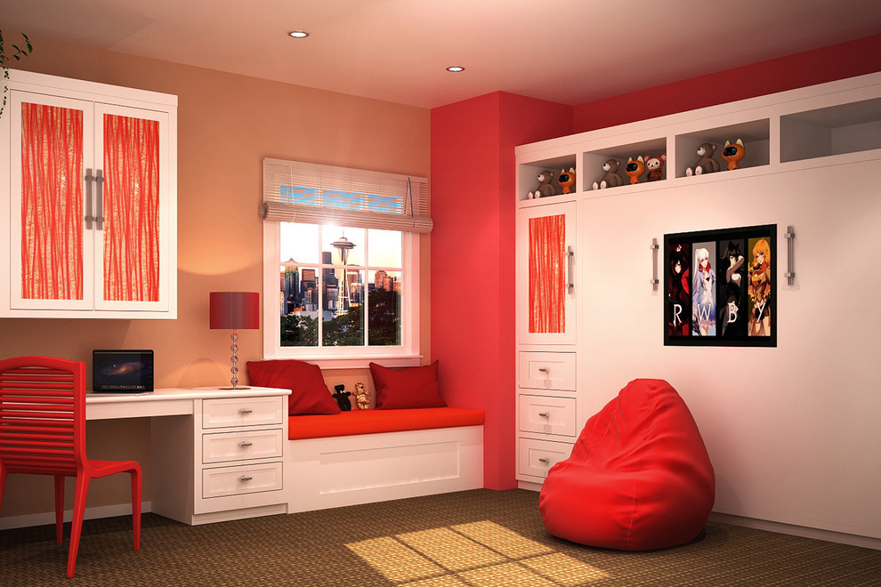 Kids' bedroom - large carpeted and brown floor kids' bedroom idea in Miami with red walls