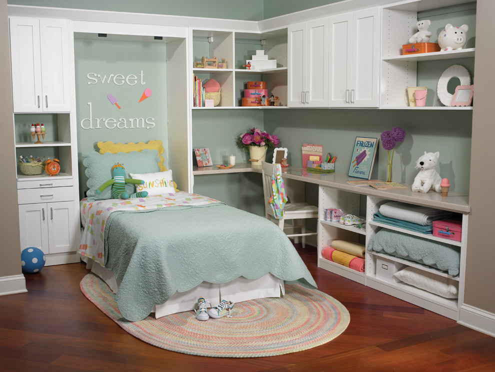 Design ideas for a medium sized classic toddler’s room for girls in Chicago with blue walls, medium hardwood flooring and brown floors.