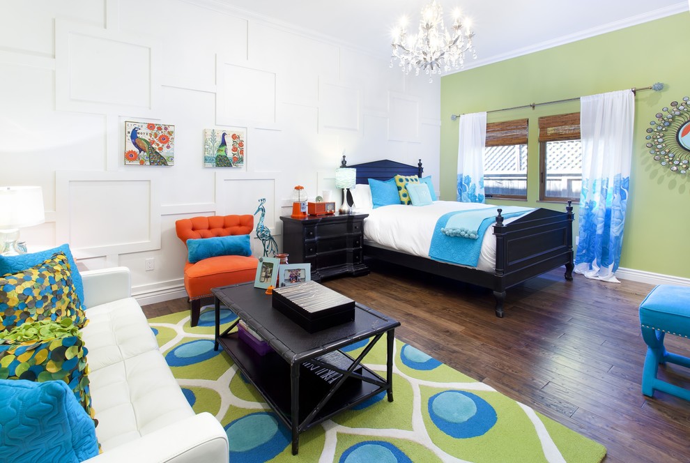 Kids' room - large mediterranean gender-neutral dark wood floor kids' room idea in San Francisco with white walls