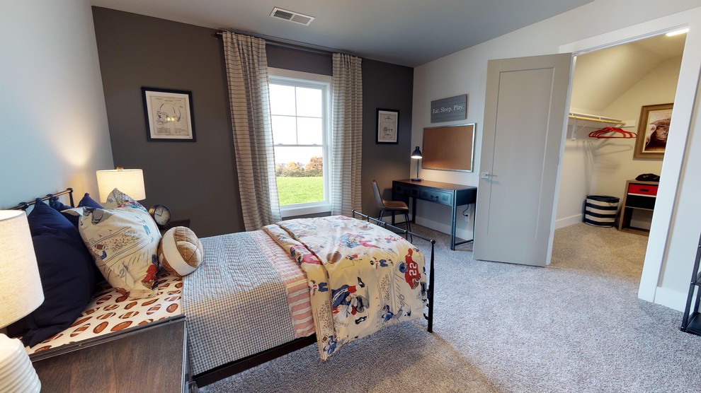 Mittelgroßes Uriges Jungszimmer mit Schlafplatz, grauer Wandfarbe, Teppichboden und grauem Boden